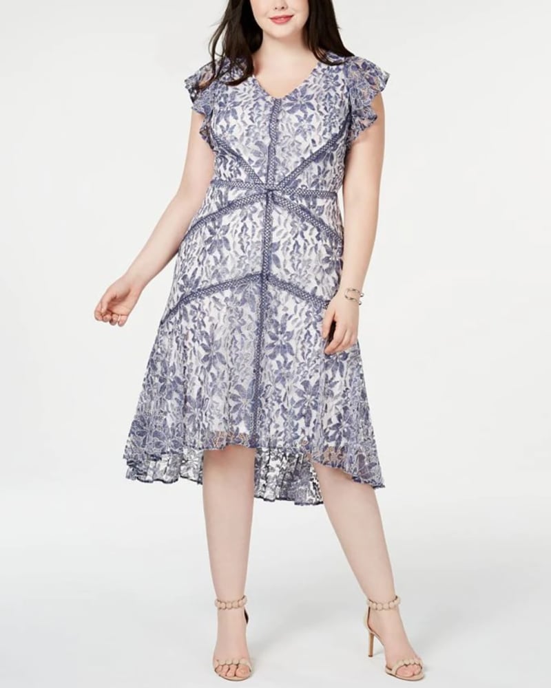 Front of a model wearing a size 20 Taylor Women's Plus Lace Cocktail MIDI Dress Blue Size 20 in Blue by TAYLOR. | dia_product_style_image_id:314716